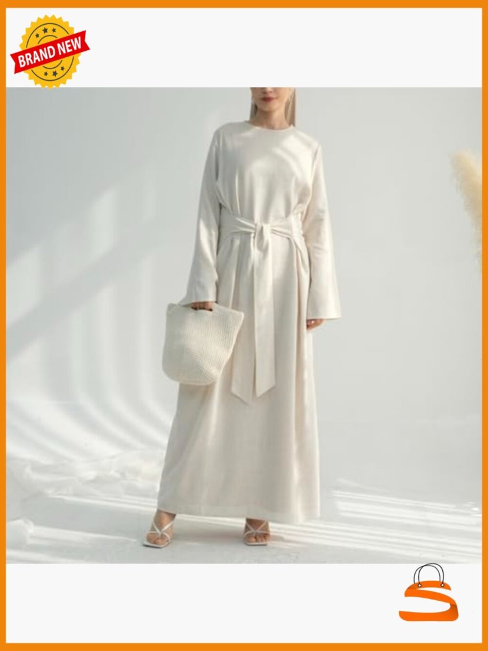 Linen-Blend Maxi Dress with Flared Sleeves and Tie Belt - Picture 4 of 4